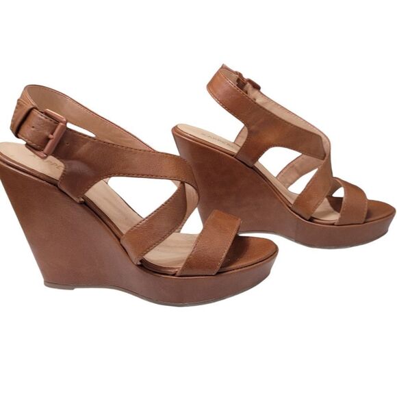 Cognac Leather Wedge Criss Cross Strap Sandal - Picture 3 of 5